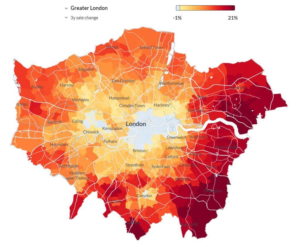 Map showing difference in price movement across Greater London