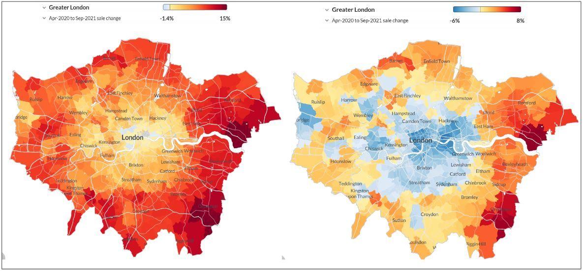 London house price change post pandemic, houses vs flats